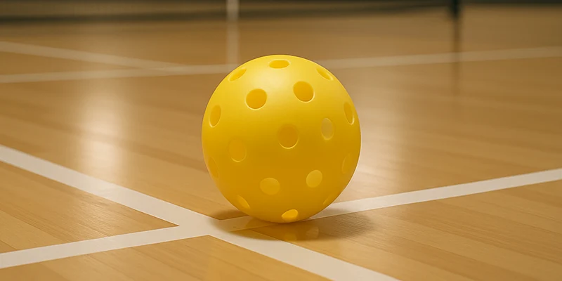 pickleball ball resting on the court floor