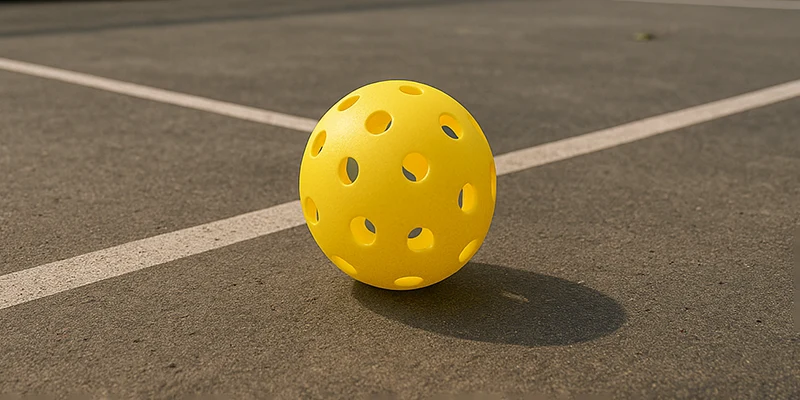 pickleball ball resting on the outdoor court floor