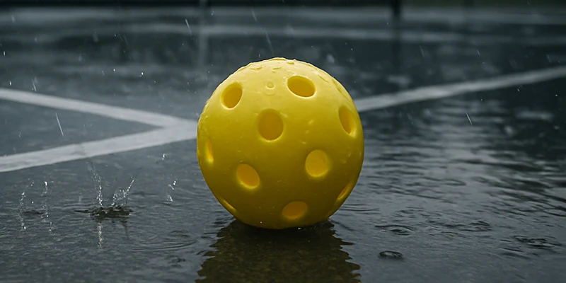 pickleball ball sits on a wet concrete surface