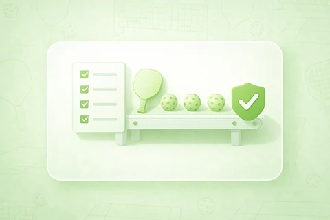 production line with pickleball balls and paddle plus QC shield icon - 1